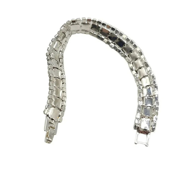 Clear Red Rhinestone Stone Slide Link Bangle Bracelet Silver Tone Vintage - Picture 3 of 5